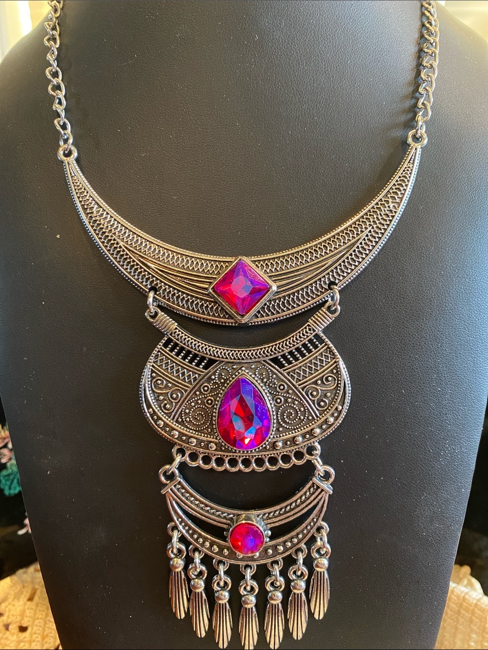 Bohemian Statement Necklace with Fuchsia Gem Accents